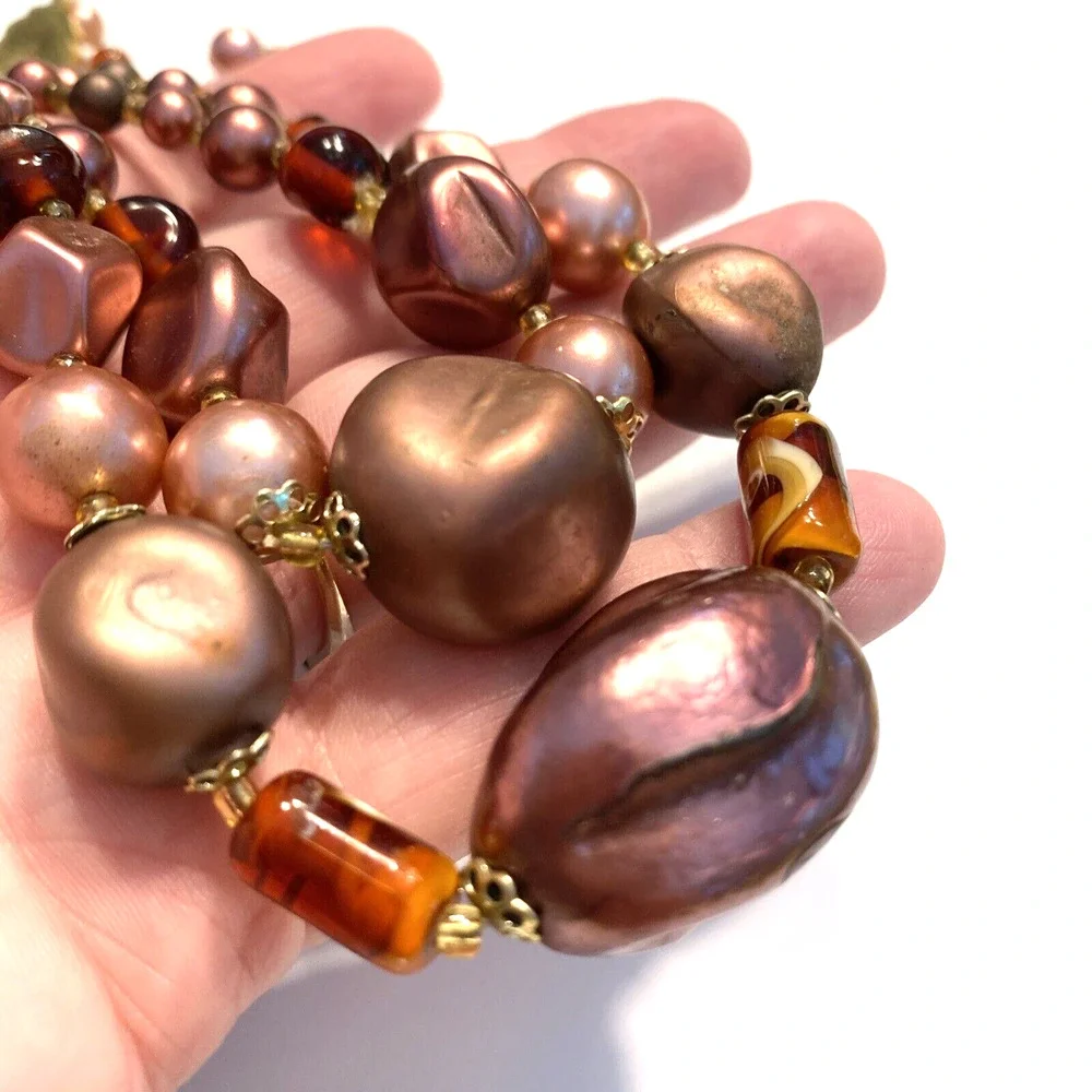 Vintage Mid Century Double Strand Necklace Purple Lavender Abstract Beaded Japan